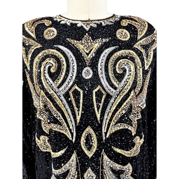 Mob wife era 80s VTG Lillie Rubin Blk/Gld Sequined Silk Hobble Dress Black Sz L - Picture 2 of 9